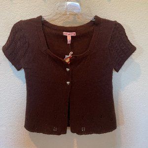 Sugar Tart Knit Blouse Woman's L Large NWT Brown Short Sleeve Heart Buttons